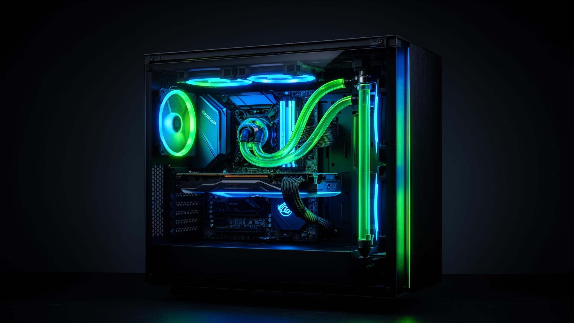 Custom built gaming PC with electric blue and neon green RGB lighting
